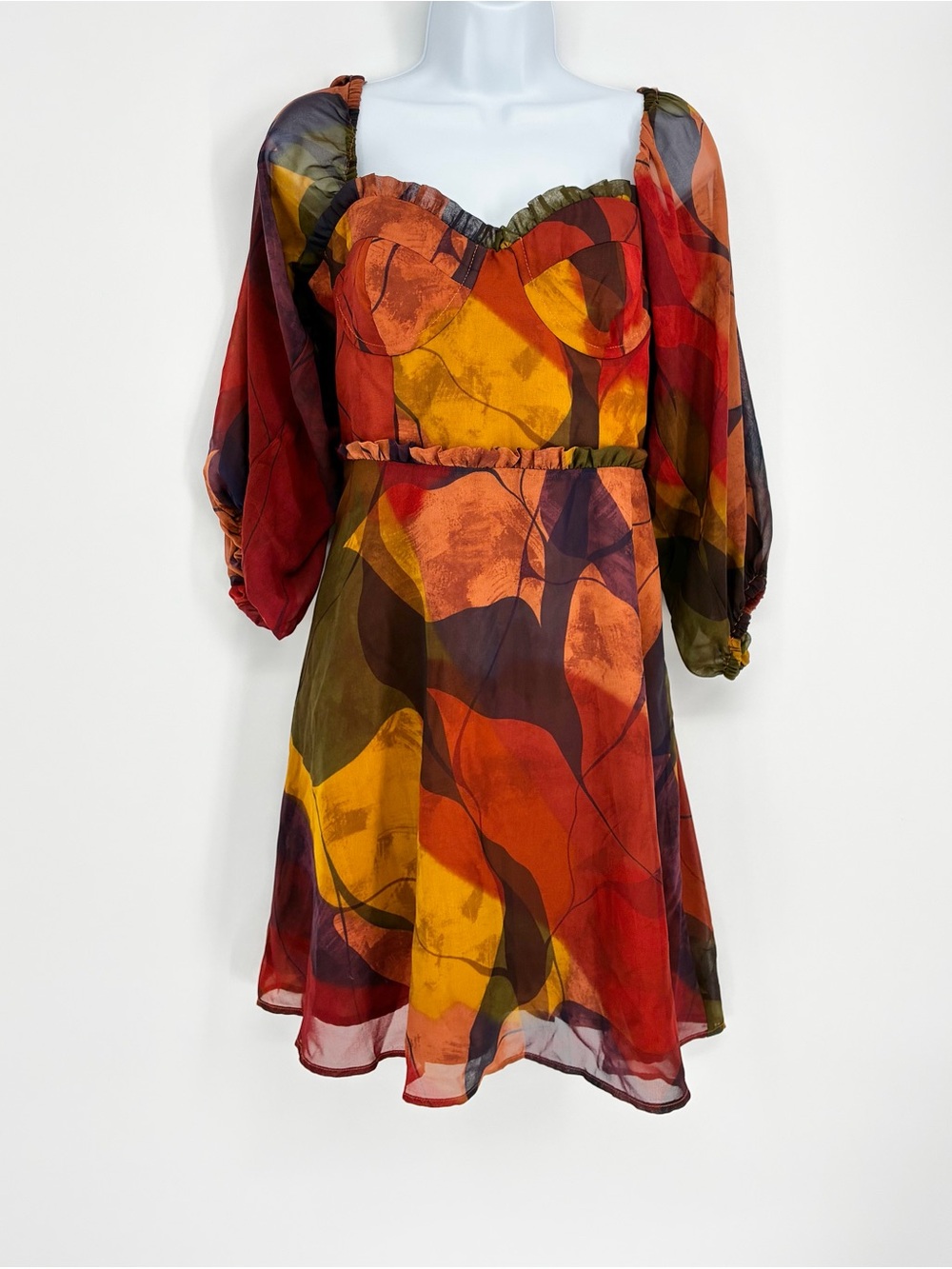 Hutch Adela Sweetheart Puff Sleeve Abstract Watercolor Floral Mini Dress Size 6
